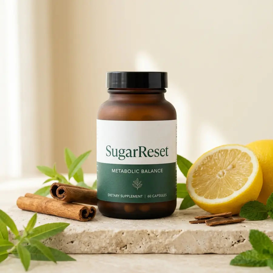 SugarReset Metabolic Balance supplement bottle with cinnamon and fresh lemon