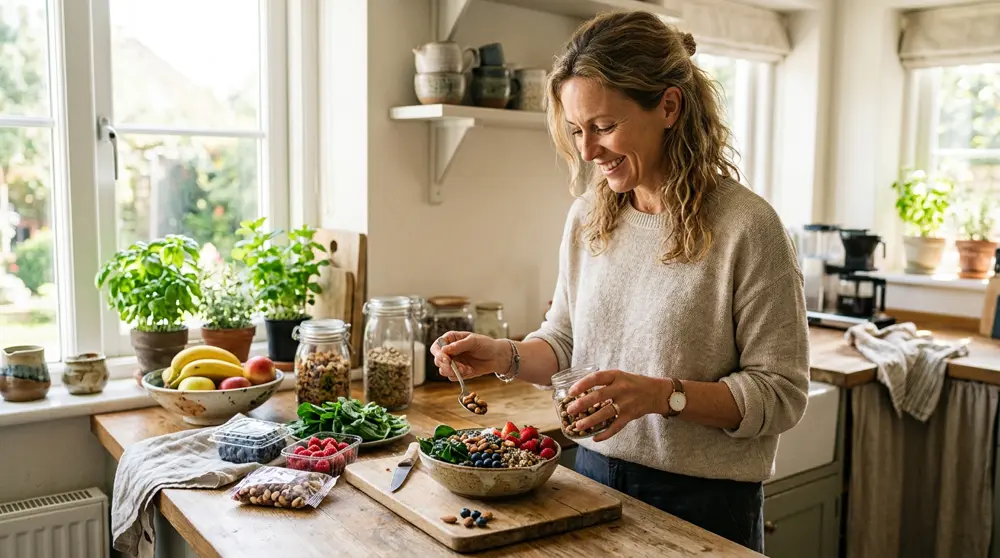 Person preparing a colorful, balanced breakfast bowl in a sunny kitchen
